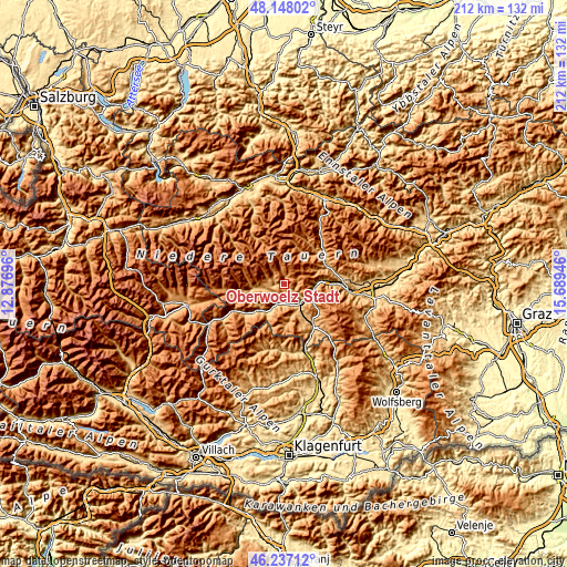 Topographic map of Oberwölz Stadt