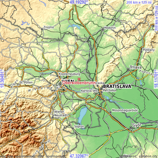 Topographic map of Obersiebenbrunn