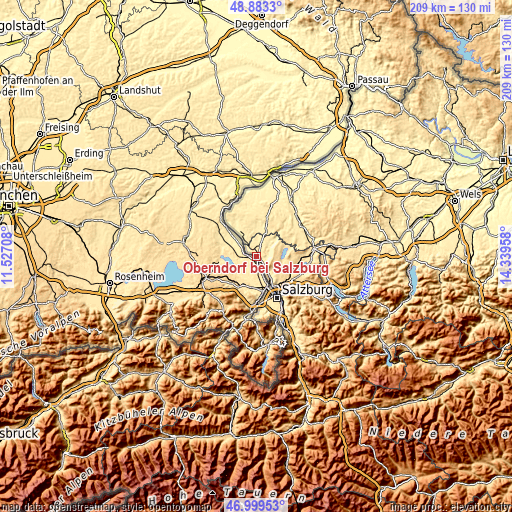 Topographic map of Oberndorf bei Salzburg
