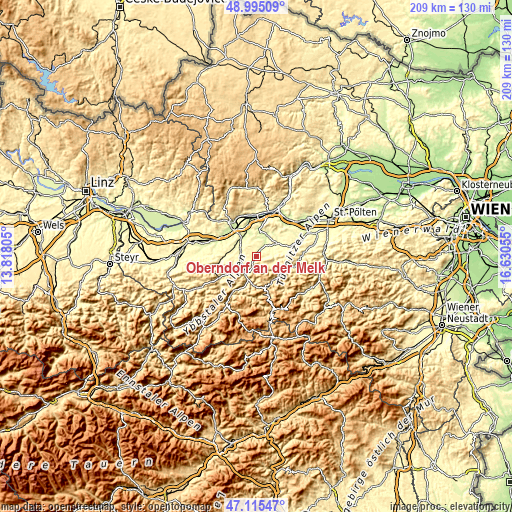 Topographic map of Oberndorf an der Melk