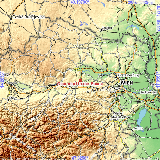 Topographic map of Oberndorf in der Ebene