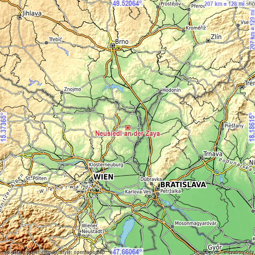Topographic map of Neusiedl an der Zaya