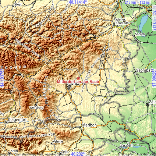 Topographic map of Mitterdorf an der Raab