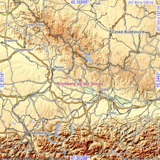 Topographic map of Kirchberg ob der Donau