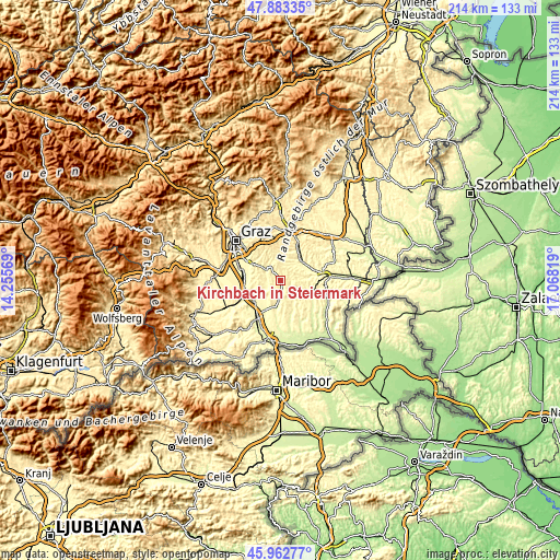 Topographic map of Kirchbach in Steiermark