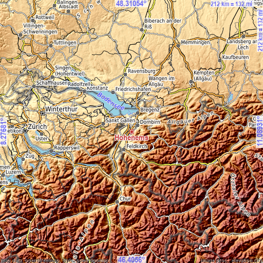 Topographic map of Hohenems