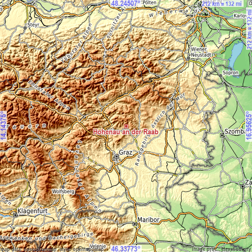 Topographic map of Hohenau an der Raab