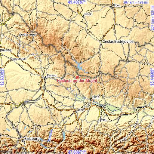 Topographic map of Haslach an der Mühl