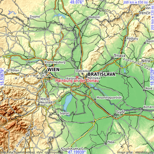 Topographic map of Hainburg an der Donau