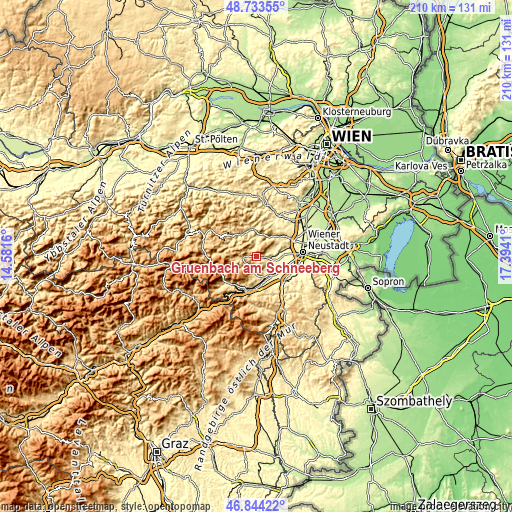 Topographic map of Grünbach am Schneeberg