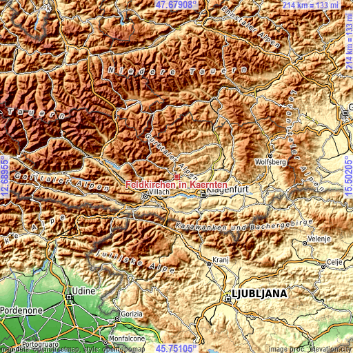 Topographic map of Feldkirchen in Kärnten