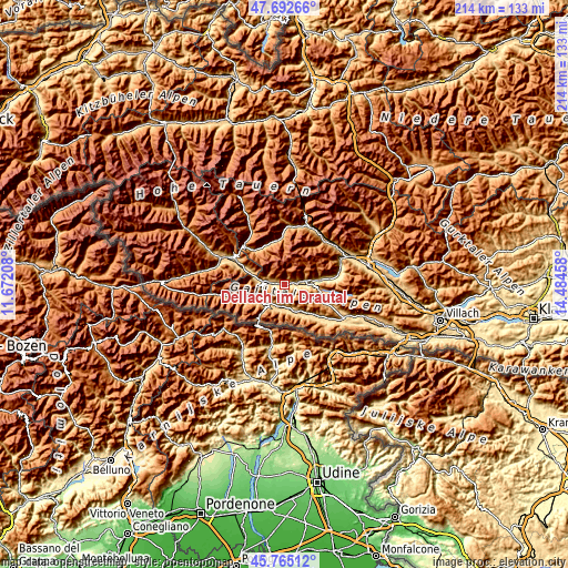 Topographic map of Dellach im Drautal