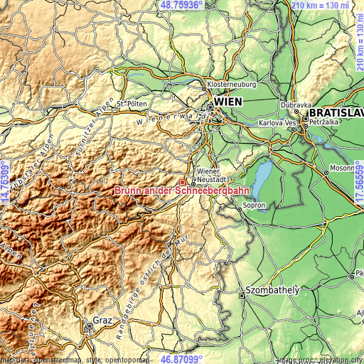 Topographic map of Brunn an der Schneebergbahn