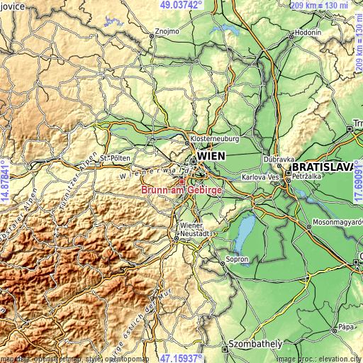 Topographic map of Brunn am Gebirge