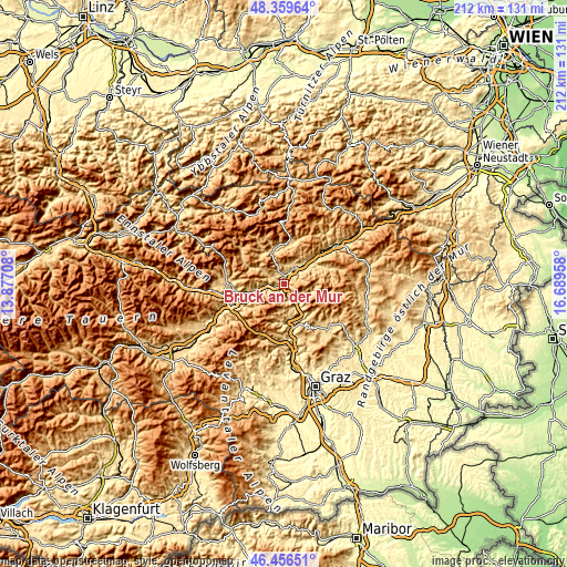 Topographic map of Bruck an der Mur