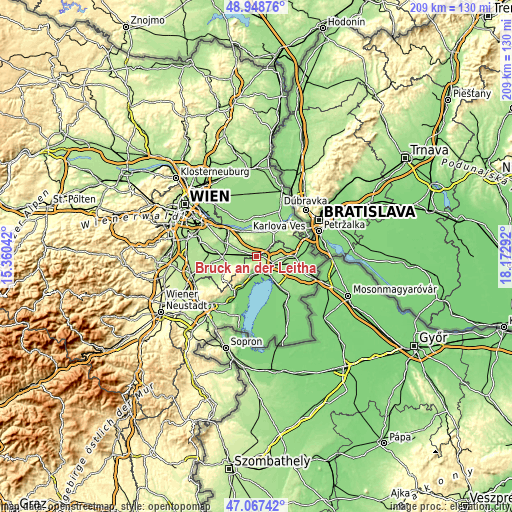 Topographic map of Bruck an der Leitha
