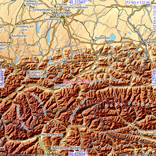 Topographic map of Bruck am Ziller