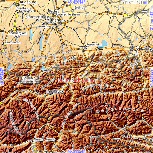 Topographic map of Breitenbach am Inn