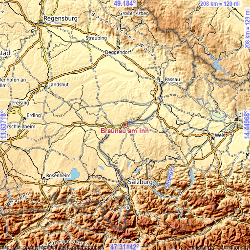 Topographic map of Braunau am Inn