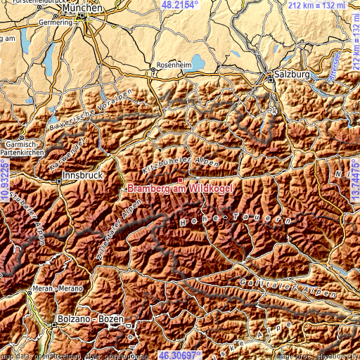 Topographic map of Bramberg am Wildkogel