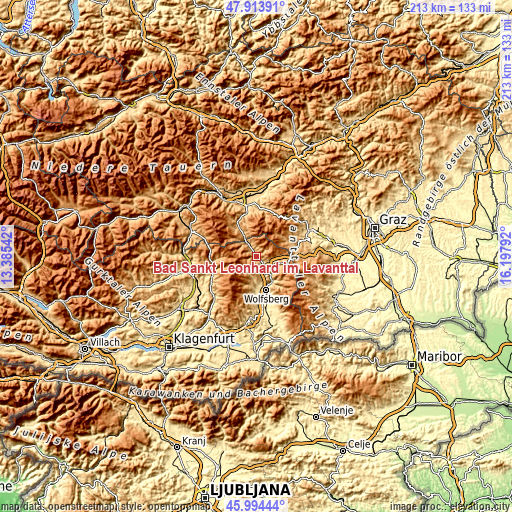 Topographic map of Bad Sankt Leonhard im Lavanttal