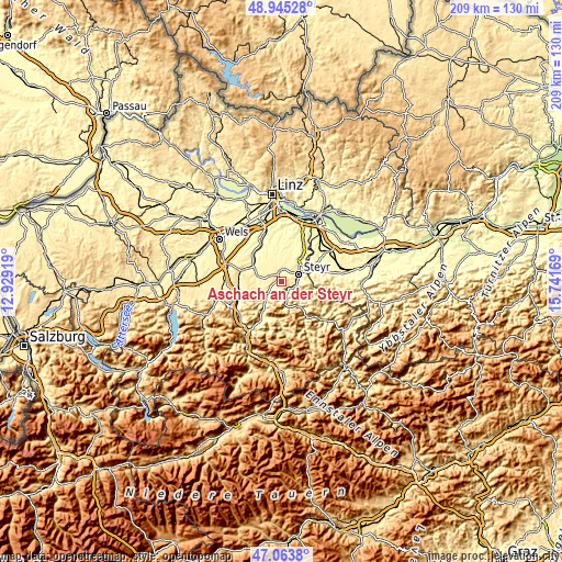 Topographic map of Aschach an der Steyr