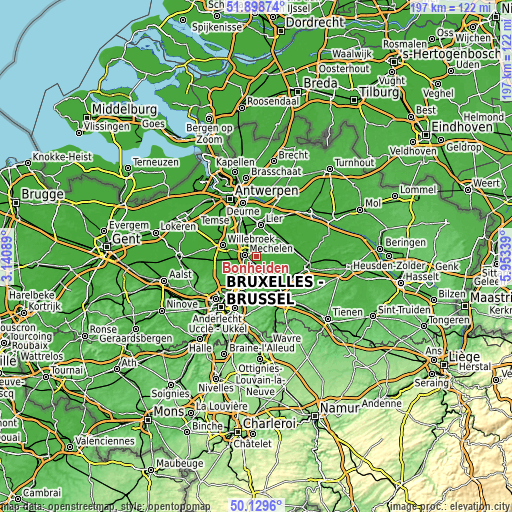 Topographic map of Bonheiden