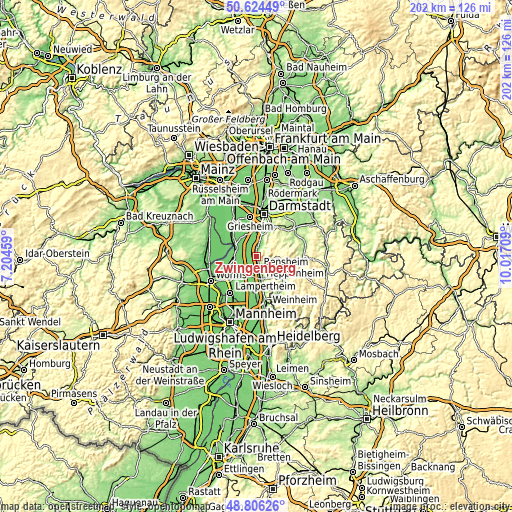 Topographic map of Zwingenberg