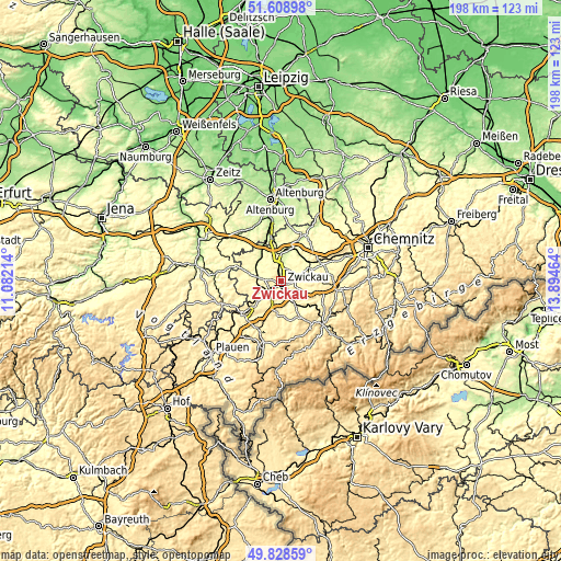 Topographic map of Zwickau
