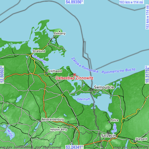 Topographic map of Ostseebad Zinnowitz