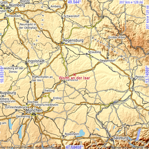 Topographic map of Wörth an der Isar