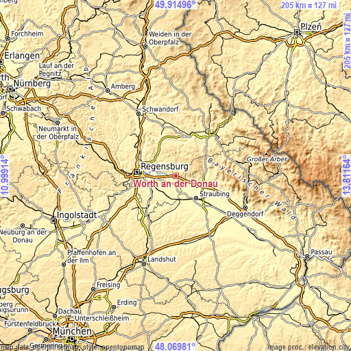 Topographic map of Wörth an der Donau