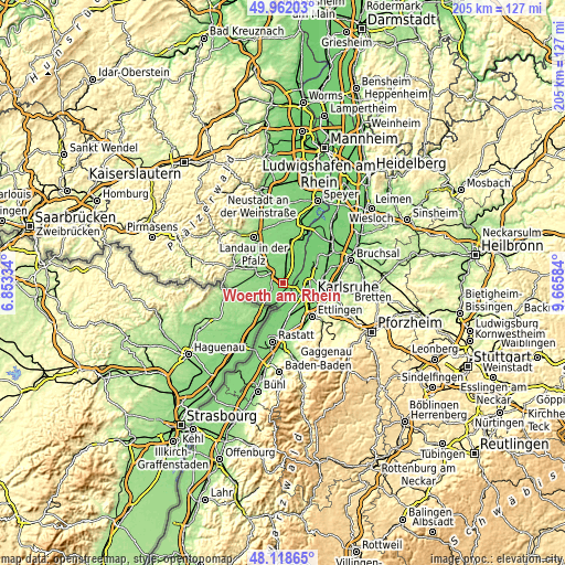 Topographic map of Wörth am Rhein