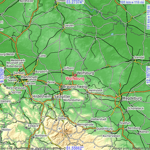 Topographic map of Wolfsburg