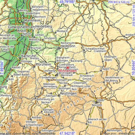 Topographic map of Winnenden
