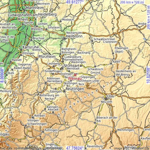 Topographic map of Wernau