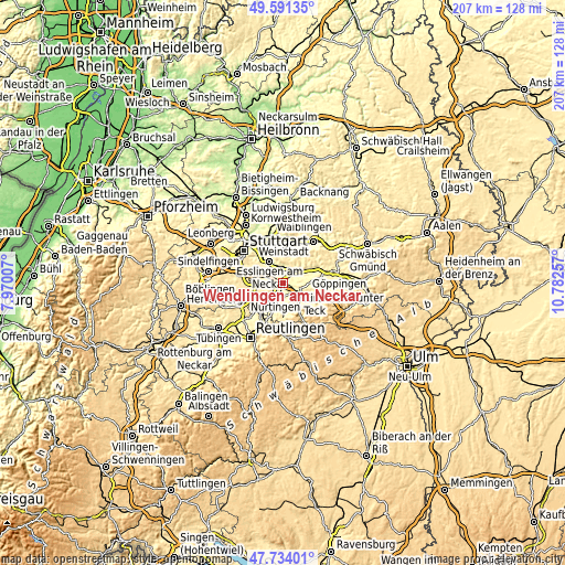 Topographic map of Wendlingen am Neckar