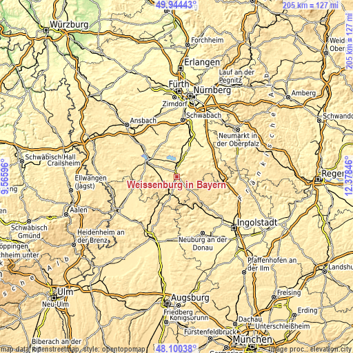 Topographic map of Weißenburg in Bayern