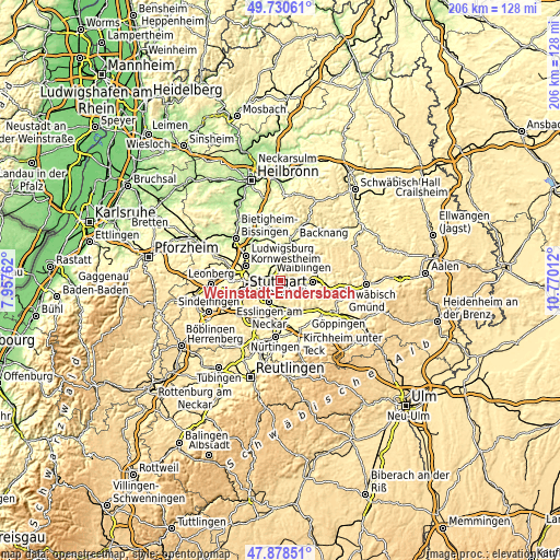 Topographic map of Weinstadt-Endersbach