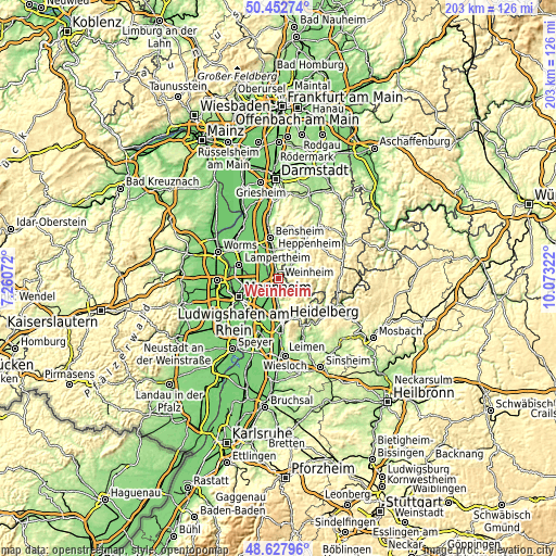 Topographic map of Weinheim