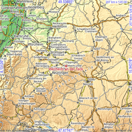 Topographic map of Weilheim an der Teck