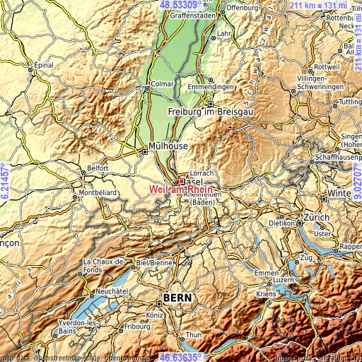 Topographic map of Weil am Rhein