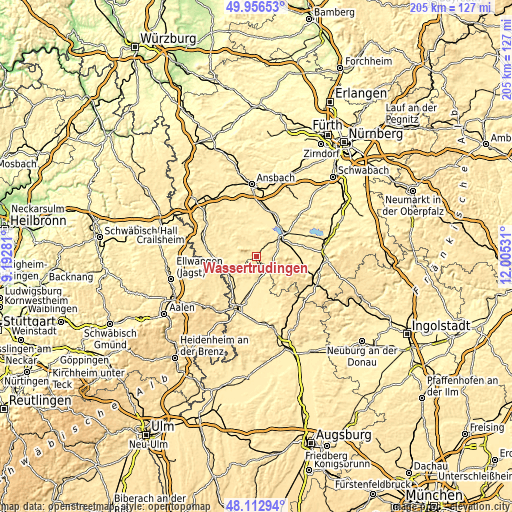 Topographic map of Wassertrüdingen