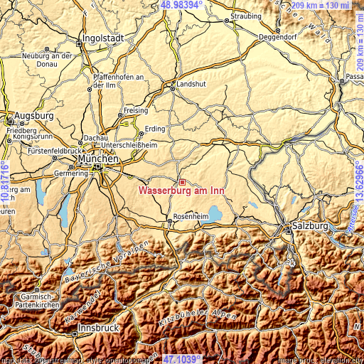 Topographic map of Wasserburg am Inn