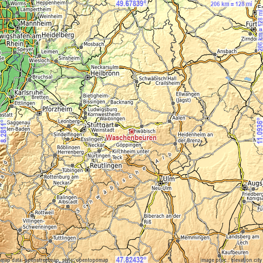 Topographic map of Wäschenbeuren