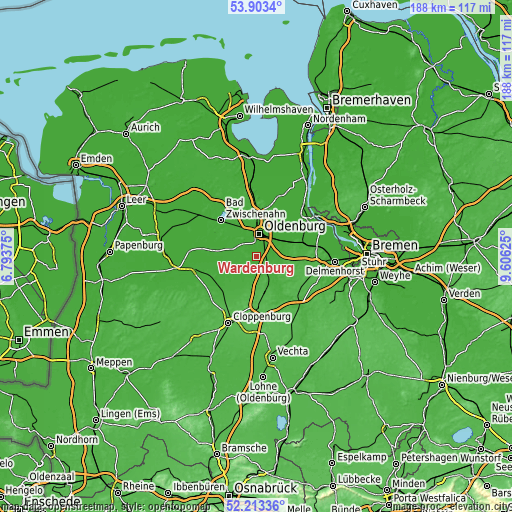 Topographic map of Wardenburg