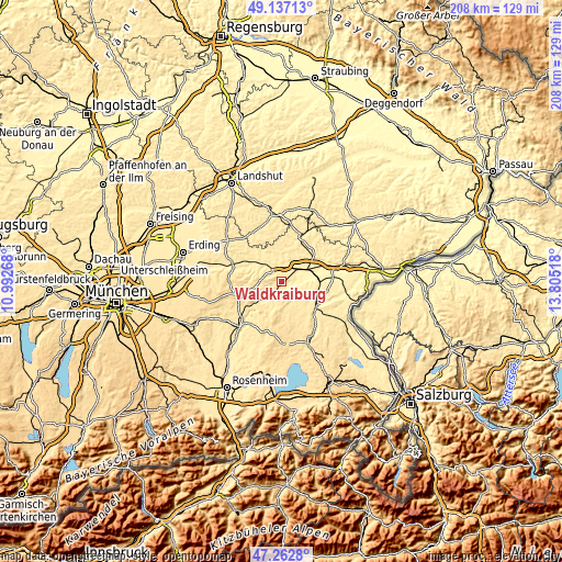 Topographic map of Waldkraiburg