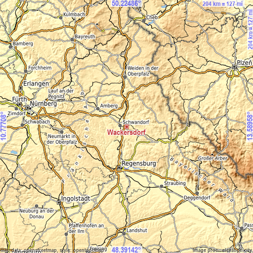 Topographic map of Wackersdorf