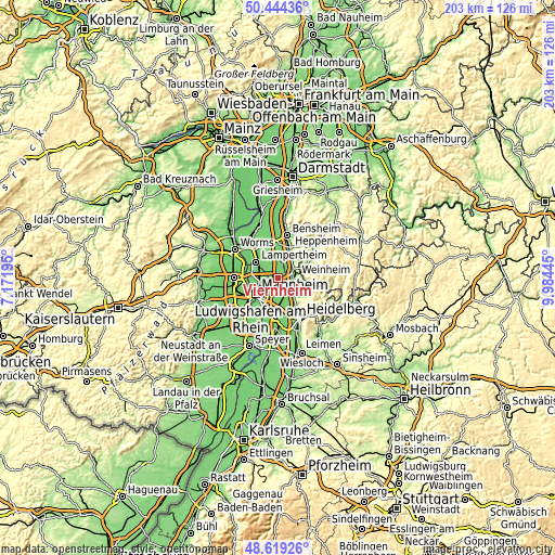 Topographic map of Viernheim
