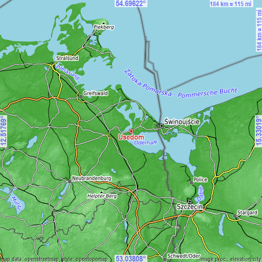 Topographic map of Usedom